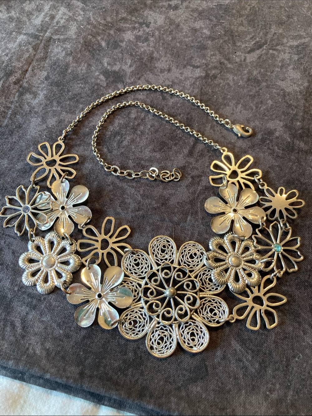 Floral Statement Necklace in Antique Silver Tone